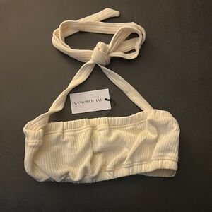 WeWoreWhat Ivory Ribbed Tie Halter Top